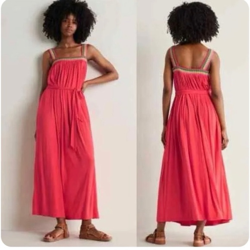 Boden Hot Coral Midi Dress with Rainbow Crochet Accents 6R NWT